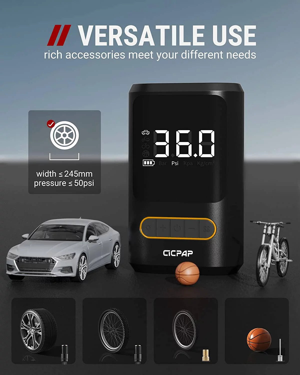 Tire Inflator Portable Air Compressor, 150PSI Cordless Air Pump for Car Tires, Balls, Inflatables - Multipurpose Car Accessory, Auto Tire Pump with Digital Pressure Gauge