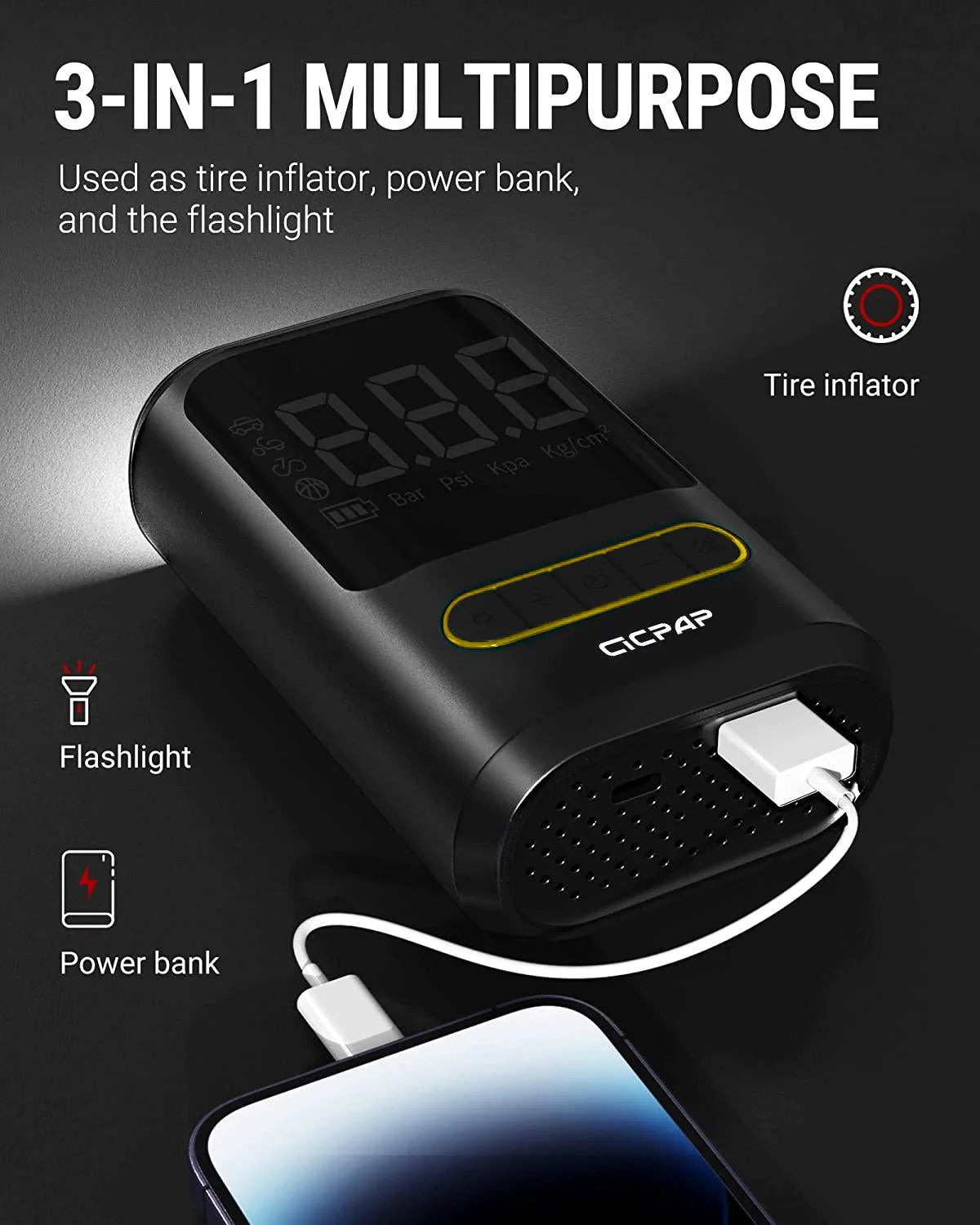 Tire Inflator Portable Air Compressor, 150PSI Cordless Air Pump for Car Tires, Balls, Inflatables - Multipurpose Car Accessory, Auto Tire Pump with Digital Pressure Gauge